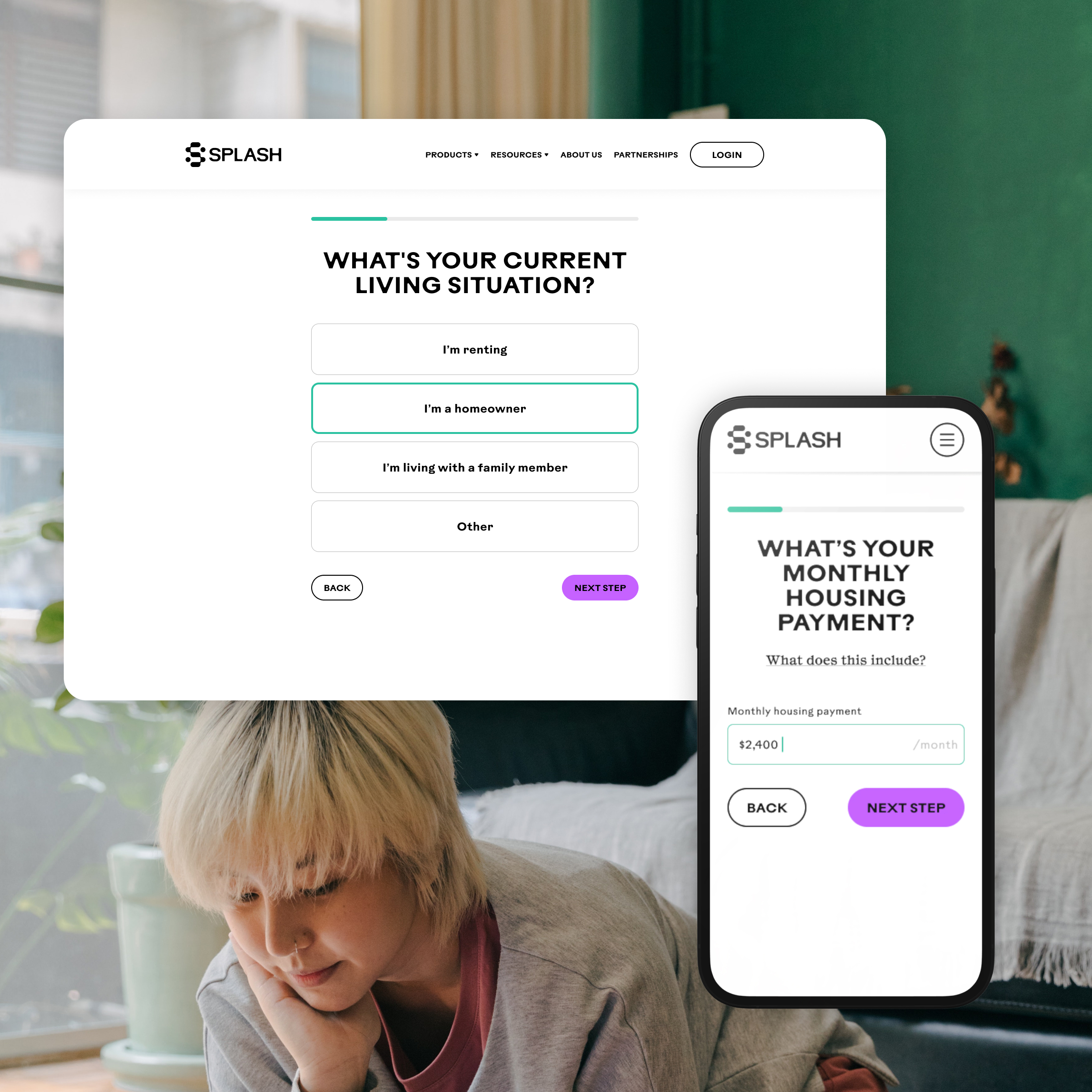 Splash Financial product design shown across desktop and mobile