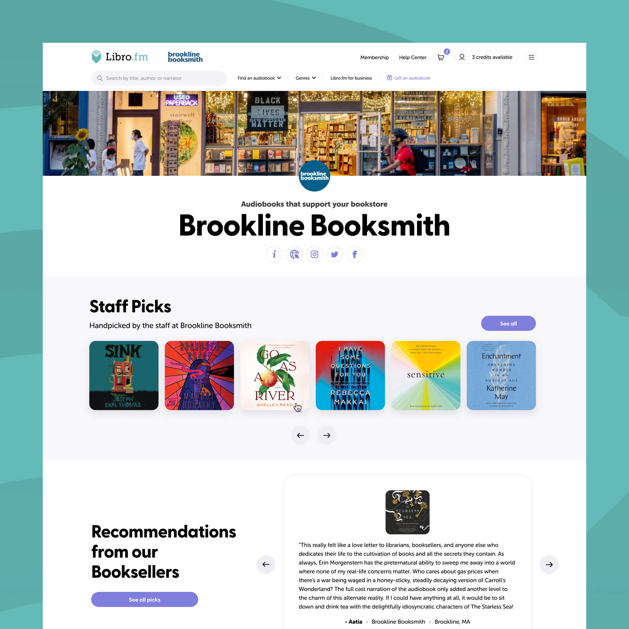 Libro.fm bookstore page for Brookline Booksmith