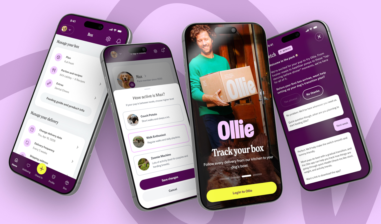 Four finished Ollie app screens showing box management, pet profile, delivery tracking, and Ollie Health